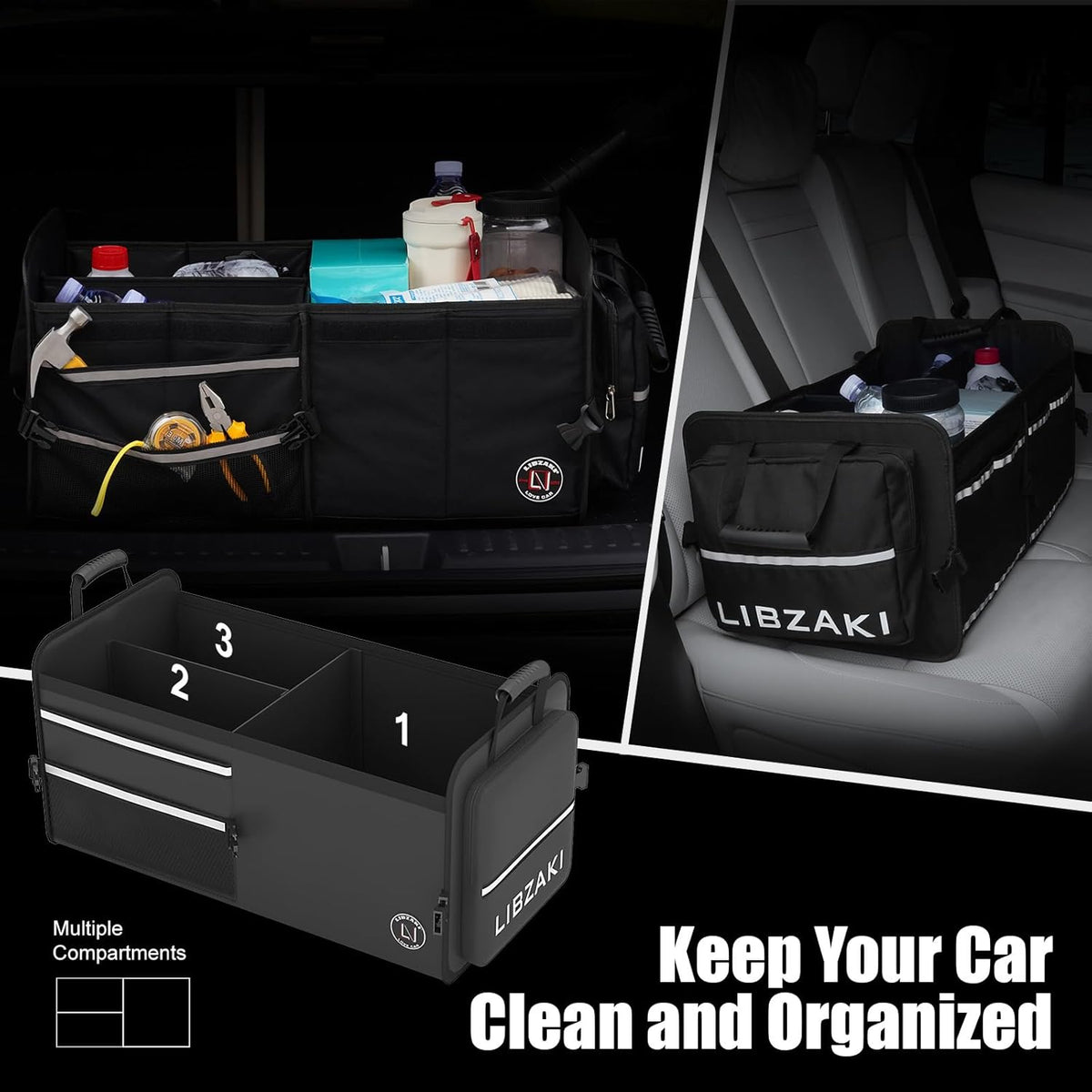 LIBZAKI Car Trunk Storage Organizer, Multi Compartment Collapsible Trunk Storage Box for Car Truck SUV-Black