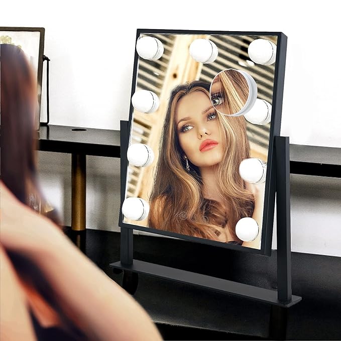 Lighted Makeup Mirror Hollywood Mirror Vanity Mirror with Lights, Touch Control Design 3 Colors Dimable LED Bulbs, Detachable 10X Magnification, 360°Rotation, Black.