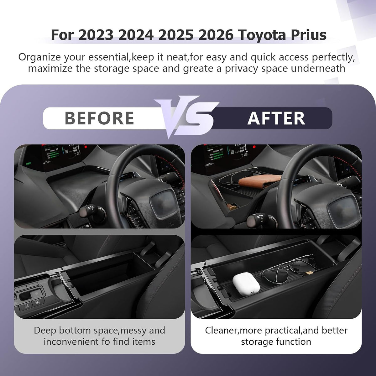LUWU 2026 2027 Prius Accessories for 2023 2024 2025 2026 2027 Toyota Prius LE/XLE/Limited/Nightshade Dashboard Storage Tray, Center Console Organizer Armrest Console Tray Storage Box Black 2-Pack