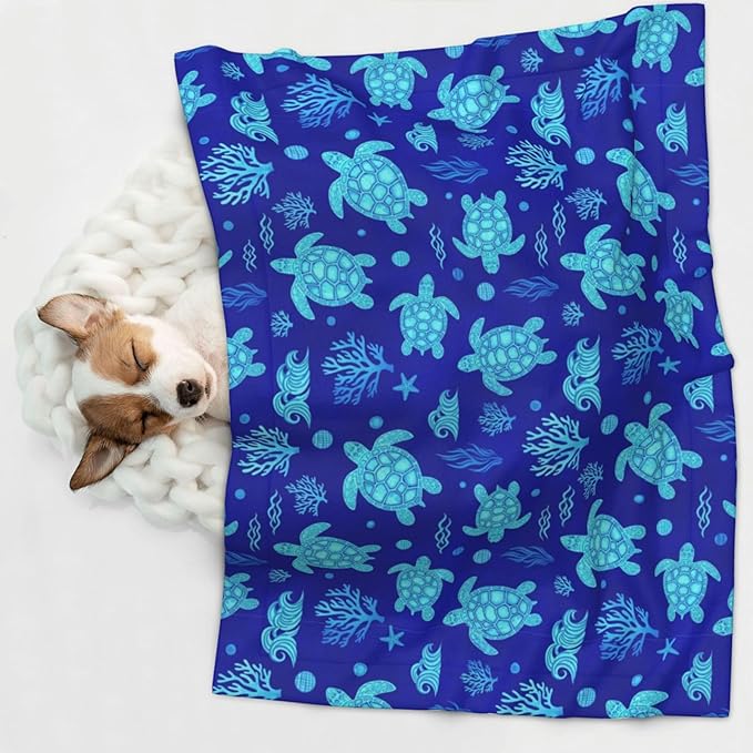 Two Sided Plush Pet Blanket for Crates Carriers Home Use, Watercolor Blue Sea Turtle, Reversible Throw with Cozy Dot Fabric and Silky Reverse for Small Large Pets