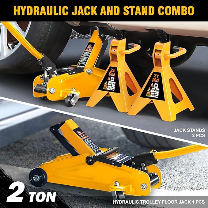 PM PERFORMOTOR Low Profile Hydraulic Trolley Service/Floor Jack Combo with 2 Ratchet Jack Stands, 2 Ton (4000 lbs) Capacity, Orange,PM-TOL-FJ3P-OG