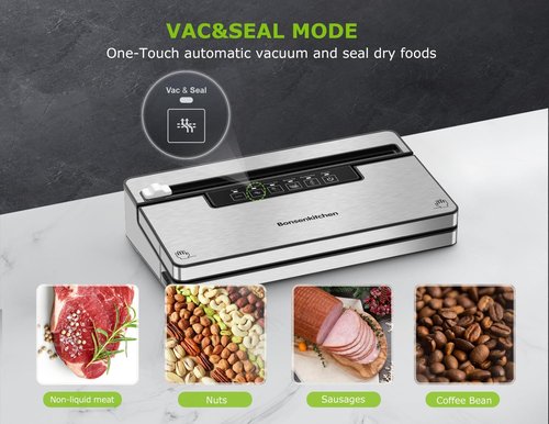 Bonsenkitchen Vacuum Sealer Machine - Stainless Steel Food Sealer with 5 Modes & Built-in Cutter | Silver Black