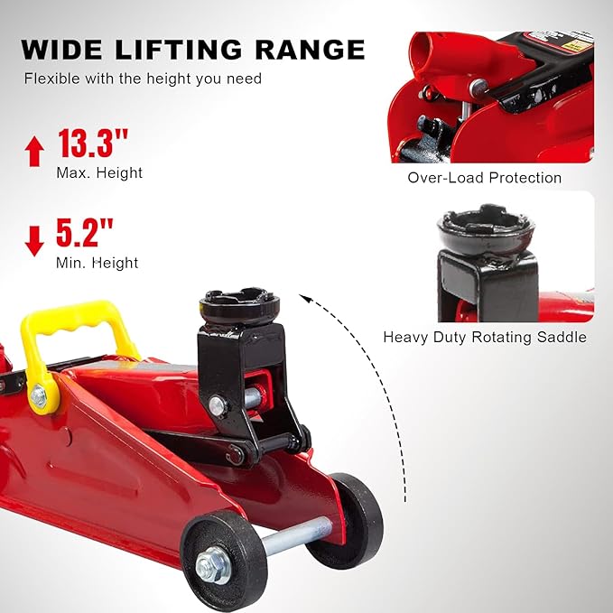 BIG RED 2 Ton Hydraulic Floor Jack, Low Profile Trolley Service Jack with 5.2"-13.3" Lifting Range, Heavy Duty Steel Car Jack for Sport Vehicle, Cars, Red