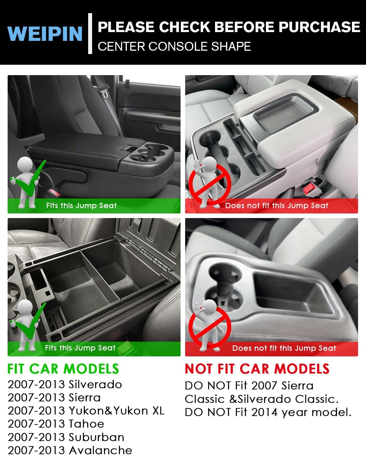 For Center Console Armrest Organizer Tray ABS Materials Compatible with 2007–2013 Chevrolet Silverado/Sierra/Yukon&Yukon XL/Tahoe/Suburban/Avalanche–Jump Seats