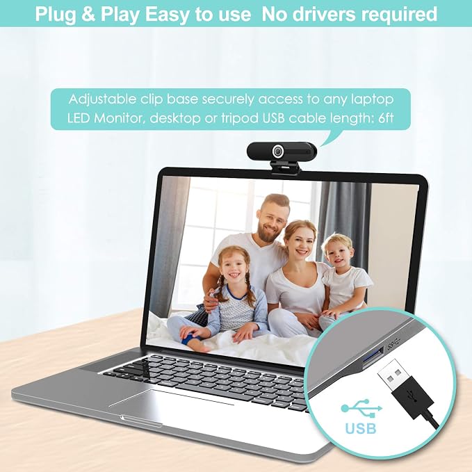 UHD 4K Webcam with Microphone: 8MP USB Computer Web Camera with Privacy Shutter