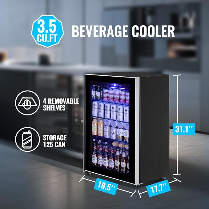 3.5 Cu.ft Beverage Refrigerator Cooler with 125 Can, Mini Fridge with LED Light for Soda Beer or Cans Beverage Temp Digital Display Adjustable Shelves Suit for Home, Office, Dorm