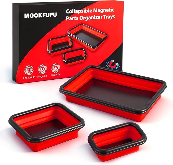 Collapsible Magnetic Parts Tray Set with Extra Strong Magnet Up to 18LB, 3 Different Size Silicone Foldable Tool for Organizing Screw Bolts Nuts Washers Pins and Other Small Metal Parts - Red