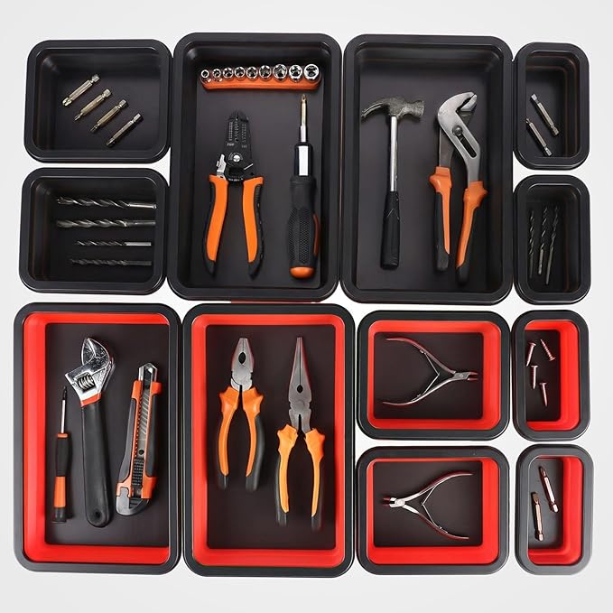 12 Pcs Collapsible Magnetic Parts Tray Set Foldable Tool Storage Organizer Magnetic Tray 3 Different Size Collapsible Bowl for Screw, Bolts, Nuts, Washers, Pins, Tool Gift for Men (Red, Black)