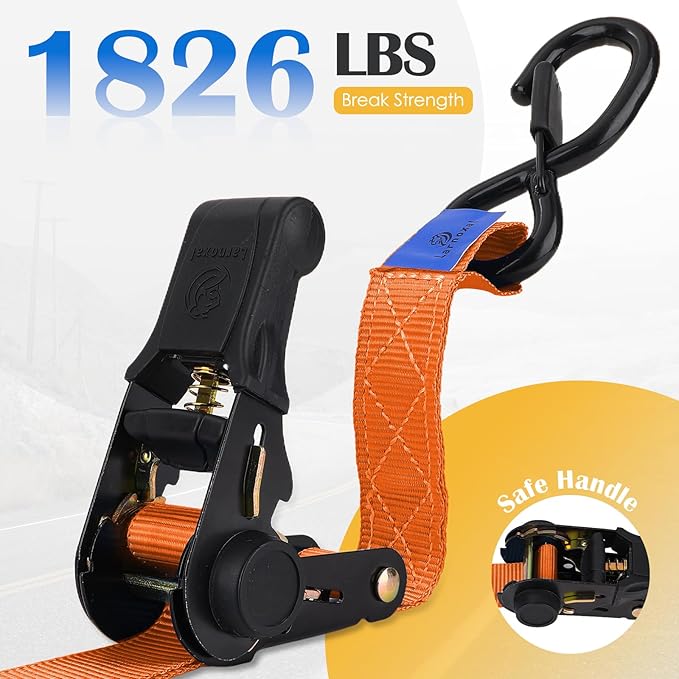 Ratchet Straps 4 Pack - 1,826 Lbs Break Strength 1 in x 15 Ft Medium Duty Ratchet Tie Down Straps with S Hooks Set for Truck, Cargo Van, Trailer, Motorcycle (Orange)