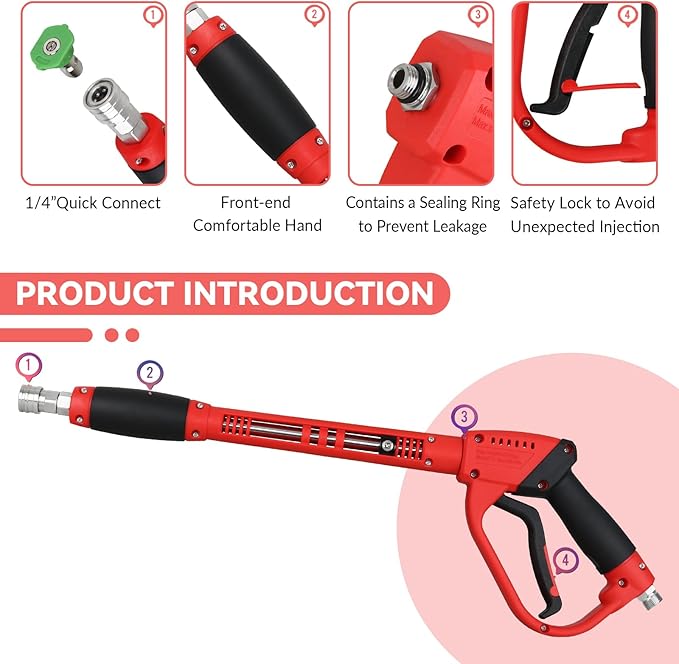 Durable Pressure Washer Gun with Replacement Wand, Power Washer Gun with 17 Inch 30 Degree Curved Extension Rod, 5 Spray Nozzle Tips, 47 Inch, 5000 PSI