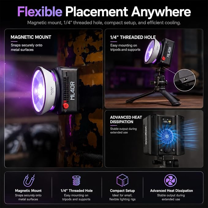 Godox ML40R RGB LED Video Light, Portable COB Photography Light