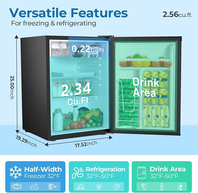 Electactic Compact Refrigerator 2.56 Cu.ft Mini Fridge with Freezer, Single Door Refrigerator with Adjustable Temperature Settings, Low noise, for Bedroom, Office, Dorm