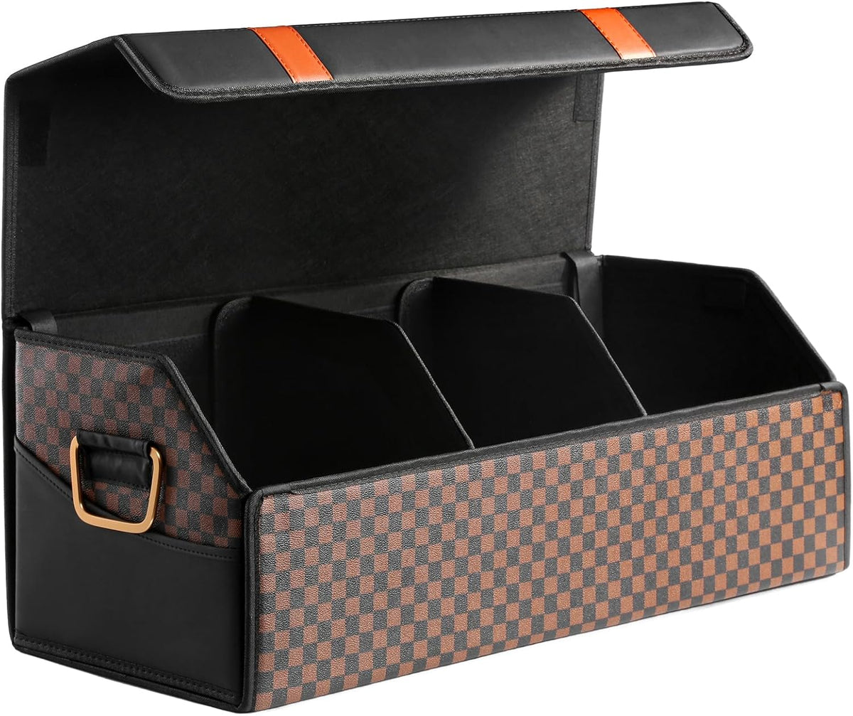 Fyzeoty Car Trunk Organizer for SUV and Sedan, Orange‑Stripe Plaid, 29.5 in