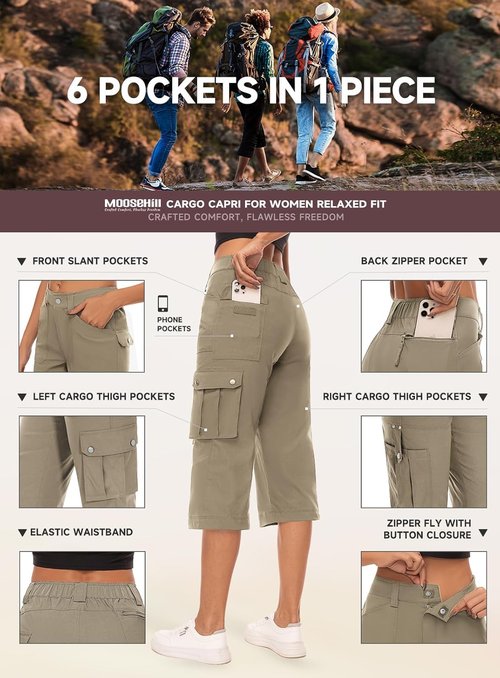 MooseHill Women's Cargo Capris - Lightweight Water-Resistant Hiking Pants with 6 Pockets | Summer Outdoor Wear