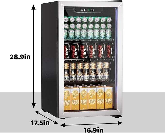 Erivess Mini Fridge 105Can Beverage Refrigerator Cooler Glass Door for Soda | 3.0 Cu Ft Drink Fridge for Home/Bar/Office with LED Display, Digital Temperature Control, Removable Shelves for Wine, Silver