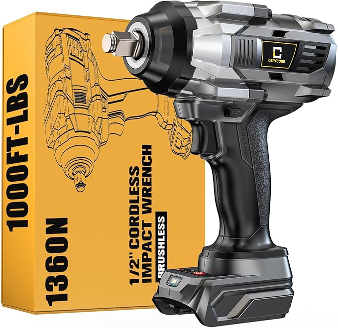 Cerycose Cordless Impact Wrench 1000FT-LBS Compatible with Dewalt Battery, 1/2 inch Brushless Electric 1360N.m Impact Gun Includes LED Work Light, High Torque Impact Driver, Bare Tool Only
