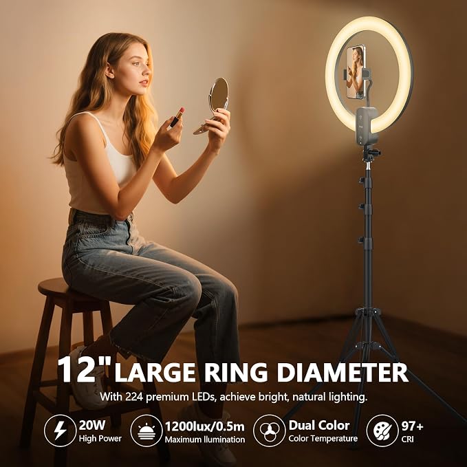 12" Selfie Ring Light with 63" Tripod Stand/Phone Holder, QEUOOIY 20W LED