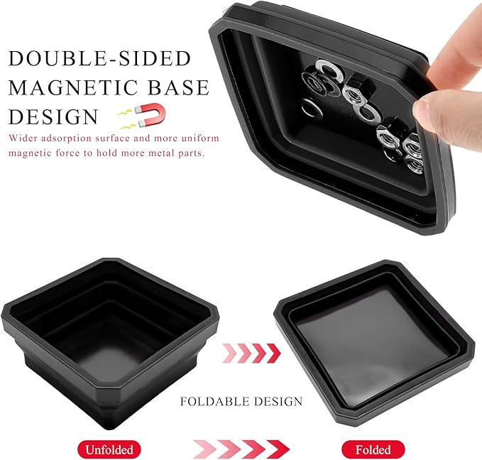 Collapsible Magnetic Parts Tray, 4.5" Square Silicone Tool Tray with Dual-Sided Magnetic Base, Foldable Small Metal Parts Organizer Storage Bowl for Screws Bolts Nuts Washers (Black)