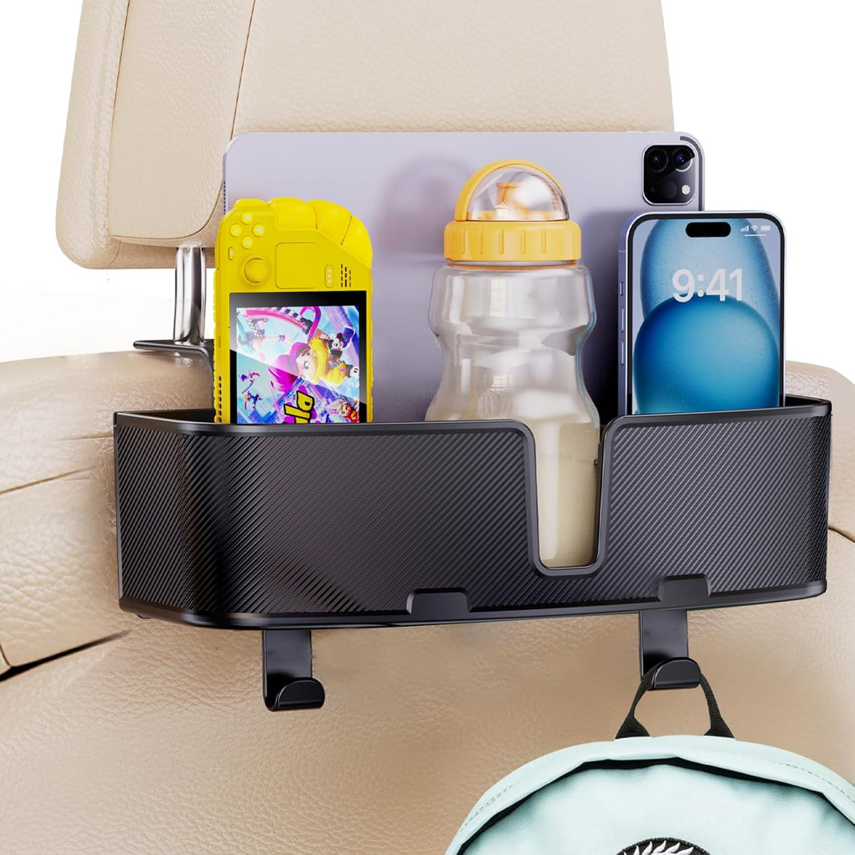 MAGJIEYX Car Headrest Cup Holder for Back Seat Organizer for Multi-Hanging Snack Storage Box with Strong Hooks for Kids and Uber Backseat Passengers Share Rid for Travel Accessories