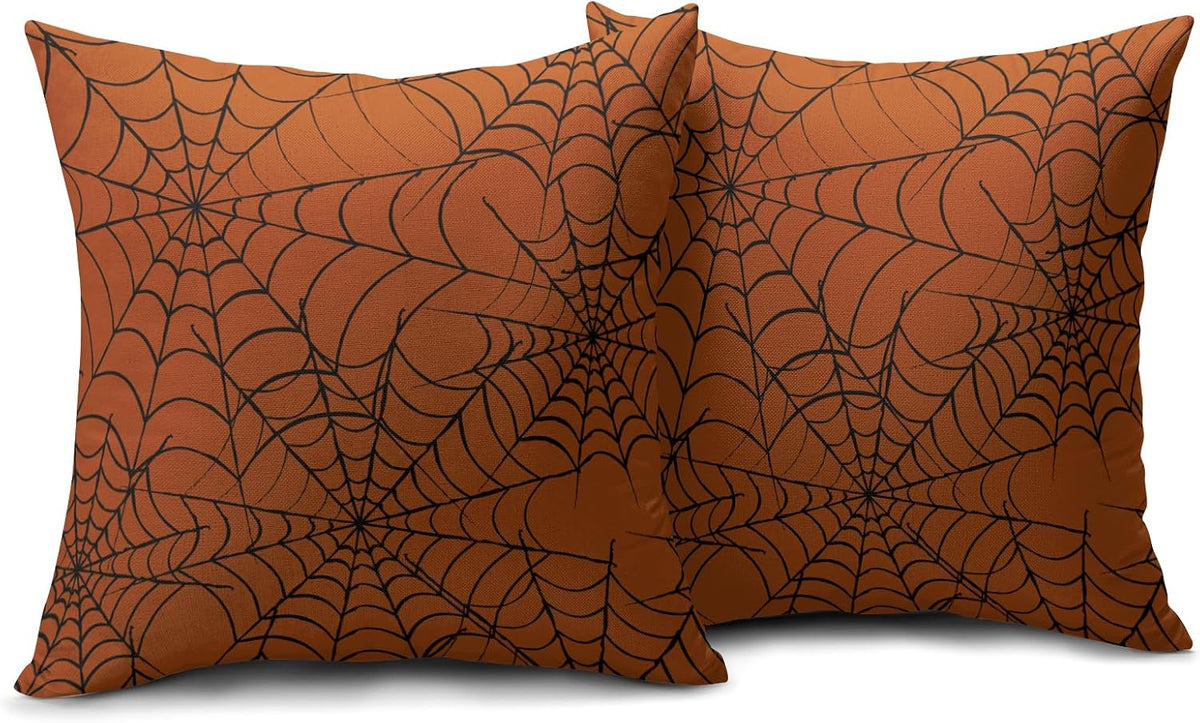Burnt Orange Halloween Spiderweb Pillow Covers 18x18 Set of 2 Black Web Outdoor Decorative Throw Pillows Halloween Scary Themed Farmhouse Pillowcases Linen Cushion Case Decor for Home Sofa Couch Bed
