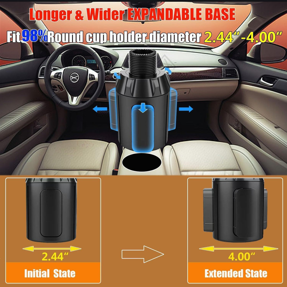 Car Cup Holder Expander, Adjustable 2-in-1 Vehicle Drink Holder Organizer with Non-Slip Base, Universal Fit for Cars, SUVs, Trucks