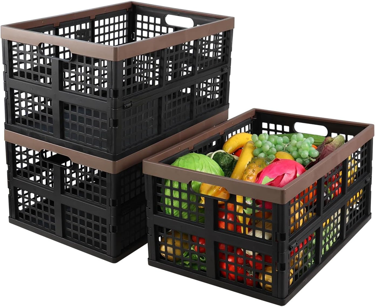 42 L Large Folding Utility Crates Plastic, 3 Packs Stackable Storage Bins, Collapsible Milk Crate