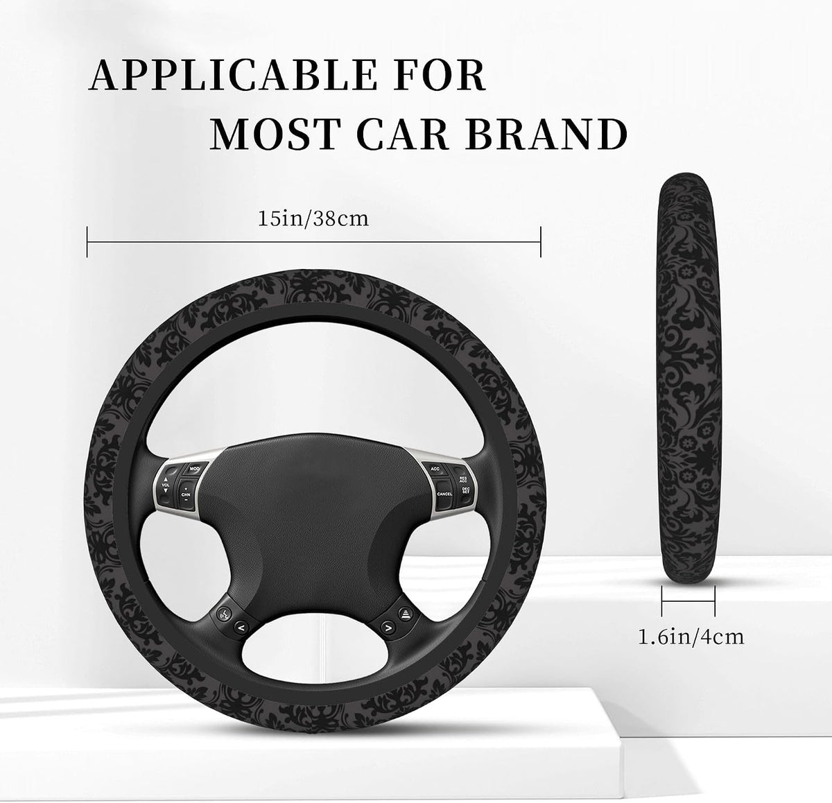 Vintage Black Floral Steering Wheel Covers Universal 15 Inch Car Wheel Cover,Anti-Slip Breathable Car Accessories Protector Fit for Trucks,Sedans,SUVs,Vans