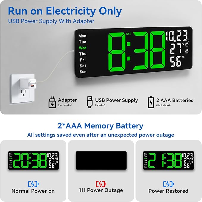 Digital Wall Clock Large Display, 17.3" Digital Clock