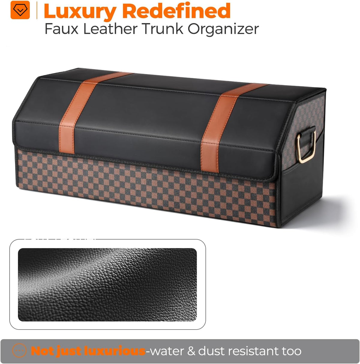 Fyzeoty Car Trunk Organizer for SUV and Sedan, Orange‑Stripe Plaid, 29.5 in