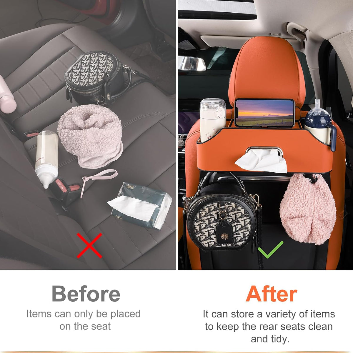 Car Seat Back Cup Holder, 4-in-1 Multifunctional Backseat Organizer with Tissue Box Storage & Hooks (Orange)