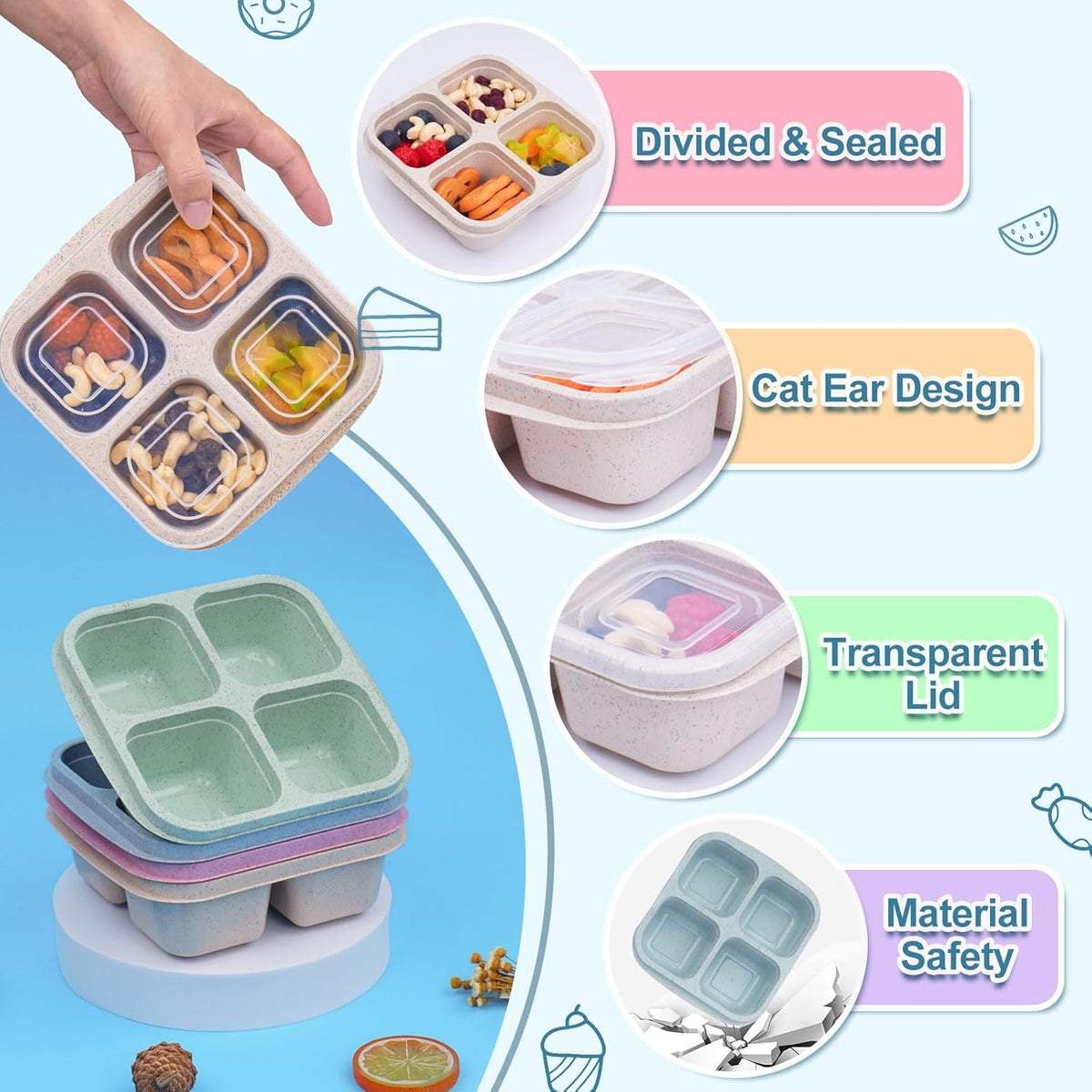 LCHLZZ 4 Pack Snack Containers, Divided Bento Snack Box, 4 Compartments Reusable Meal Prep Lunch Containers for Kids Adults, Food Storage Containers for School Work Travel