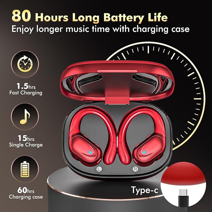 HAOYUYAN Wireless Earbuds, Sports Bluetooth Headphones, Noise Canceling Ear Buds with 80hr Playtime, LED Power Display, IPX7 Waterproof Earphones for Gym/Workout（Red）
