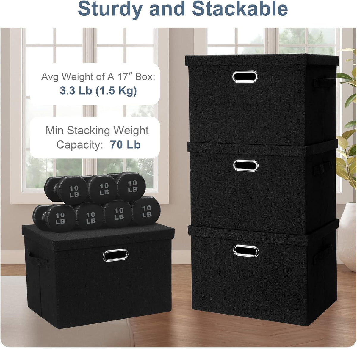 Graciadeco Large 17" 36 Quart Collapsible Stackable Storage Bins with Lids, 3 Packs Black Linen Fabric Closet Boxes with Lids, Storage Cube Baskets Container Organizers for Bedroom Office(17 x12 x11)