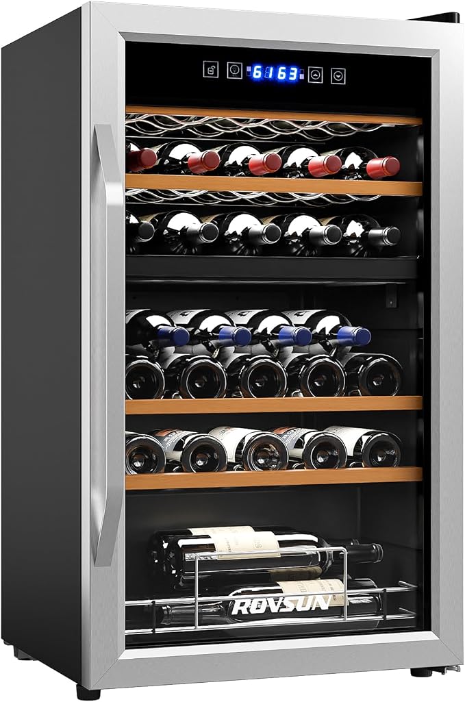 ROVSUN 33 Bottle Wine Fridge, Dual Zone Wine and Beverage Refrigerator with Independent Temp Control & LED Control Panel, Freestanding Wine Cooler Chiller for Red White Wine, Champagne, Beer