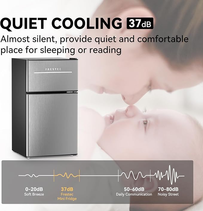 Mini Fridge with Freezer 3.2 Cu.Ft. 2 Door Refrigerator and Freezer Small Fridge for Bedroom Home Office Dorm, Small Drink Chiller, Adjustable Thermostat,37 dB Low Noise, Stainless Steel