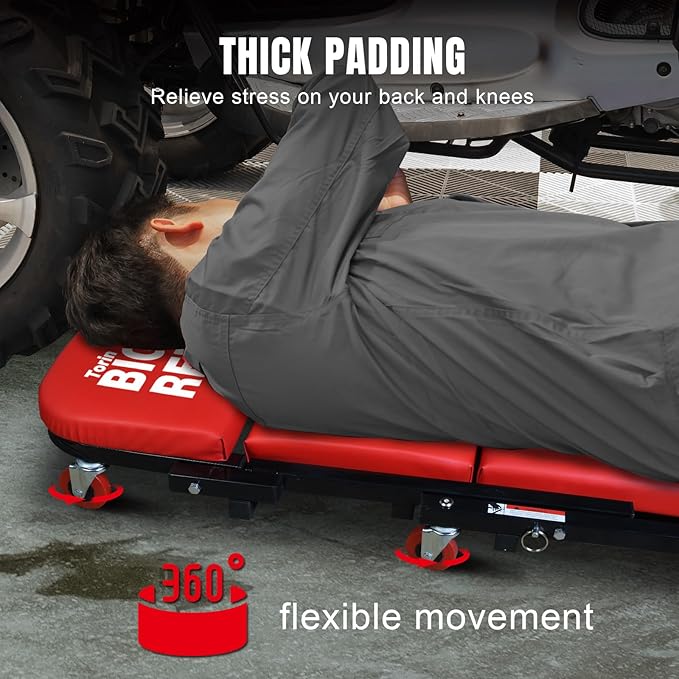 Big RED ATW4015ZR Torin ，40" Foldable Z-Creeper Seat，2-in-1 Garage/Shop Creeper，330 lbs Capacity，Low Profile Creeper with 6 pcs Wheels for Auto Repair，Garage and Shop，Lay Down or Sit，Red