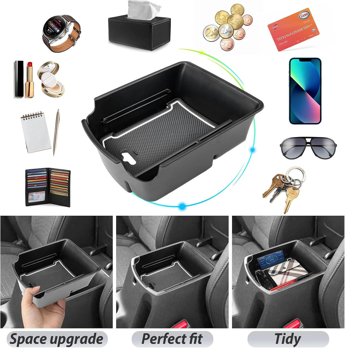 SKTU for 2021-2024 2025 2026 Kia Seltos Center Console Organizer 2024 2025 2026 Seltos Accessories Insert ABS Materials Tray 2025 Seltos Armrest Box Glove Secondary Storage Box with Coin and USB Hole