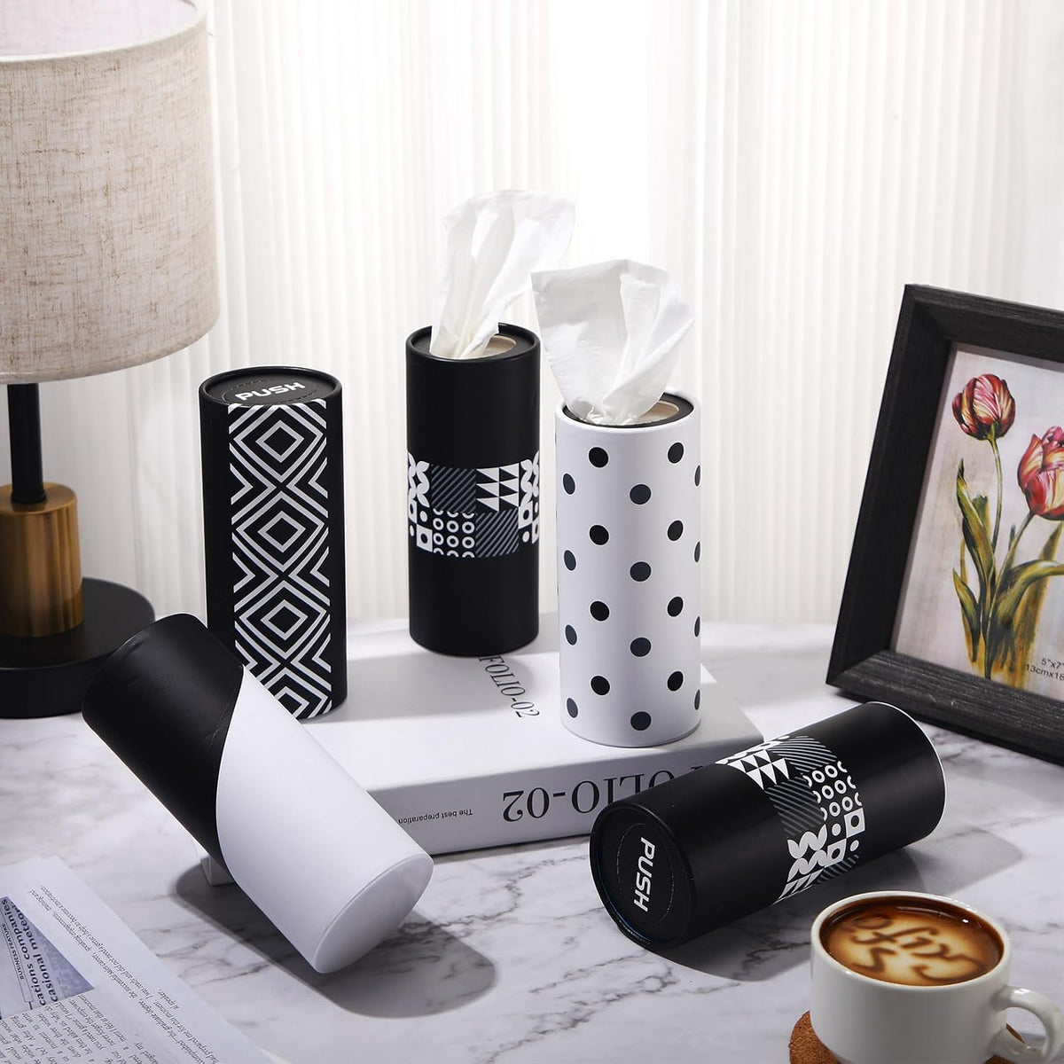Eaasty 8 Pack Cylinder Car Tissue Holder, 3 Ply Napkin,Dot and Geometric