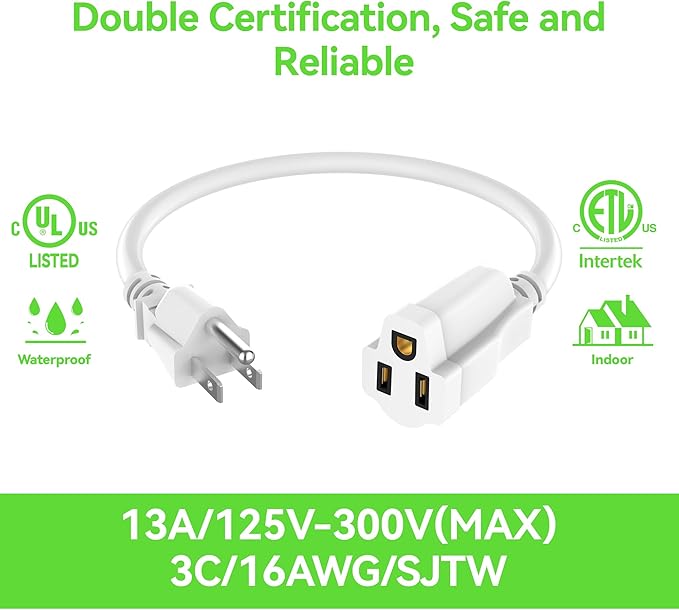 2 Pack Power Extension Cord 7FT, 3-Prong Grounded Electrical Extension Cable Outlet Saver, Single Outlet Extender, Outdoor and Indoor, Heavy-Duty, Waterproof, Flexible, 16AWG, SJTW, 13A 125V(White)