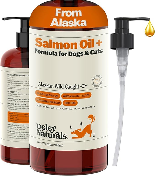 Deley Naturals Wild Alaskan Salmon Oil for Dogs - New & Improved Salmon Oil Plus Formula - Fish Oil for Dogs with DHA EPA Omega 3 & 6 Fatty Acids - Omega 3 Fish Oil for Skin & Coat - 32oz Made in USA