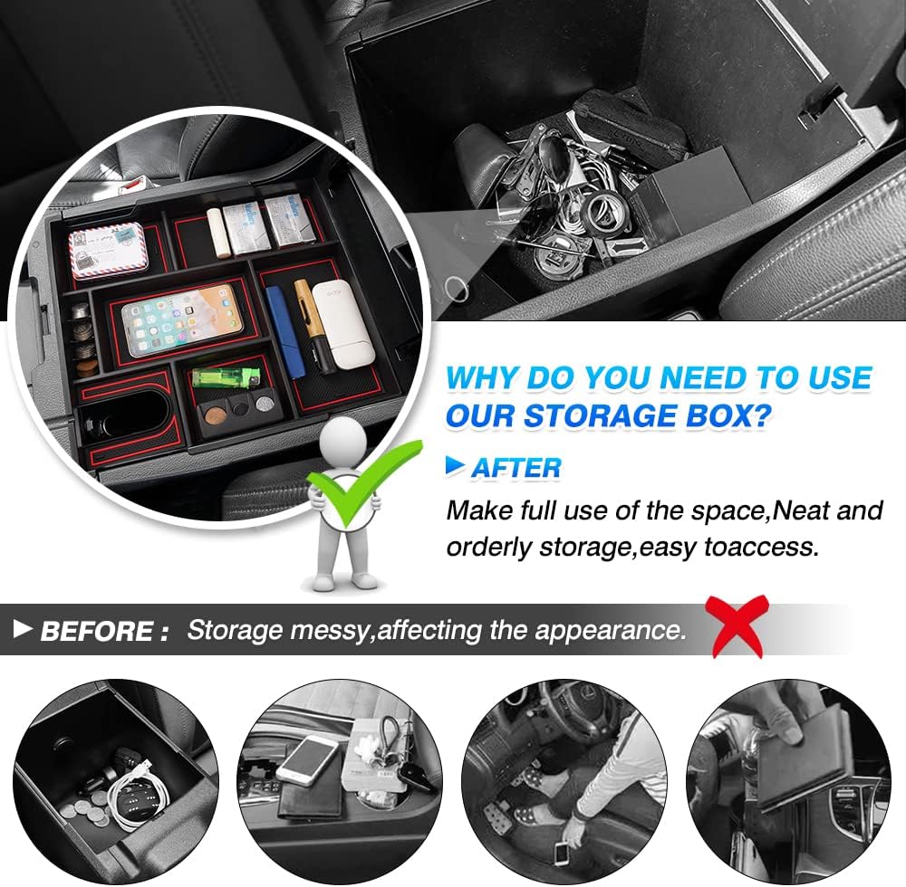Autorder Center Console Organizer for 2014-2021 Toyota Tundra Accessories Armrest Storage Box Secondary Insert Full Tray with Red/Blue/Black Silicone Pads