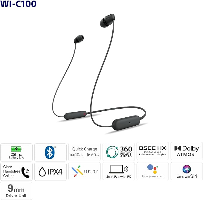 Sony WI-C100 Wireless in-Ear Bluetooth Headphones with Built-in Microphone,Black,(Pack of 2)
