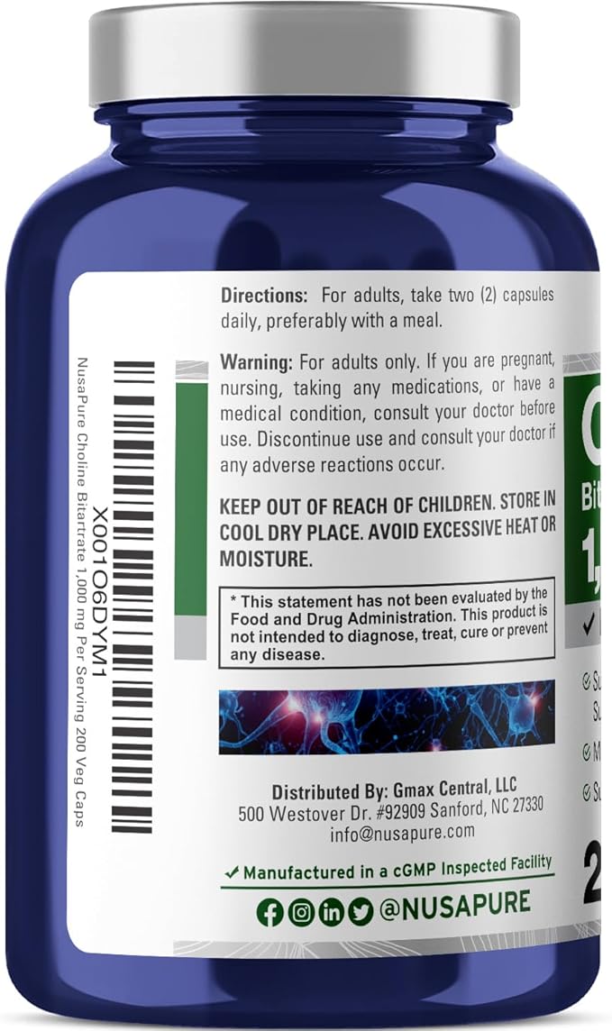 NusaPure Choline Bitartrate 1000 mg 200 Veggie Capsules (Vegetarian, Non-GMO)