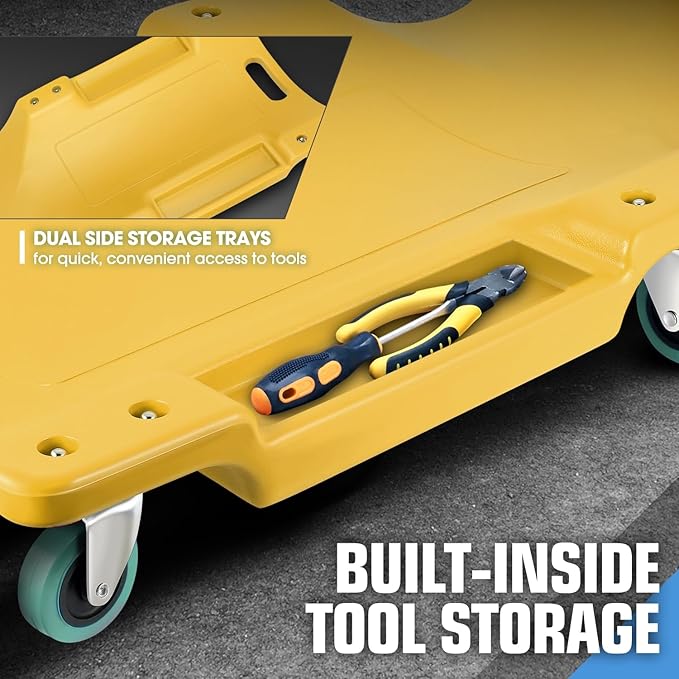 PM PERFORMOTOR 40Inch Low Profile Plastic Rolling Garage Shop Creeper with Padded Headrest,Tool Trays & 6pcs Casters, Yellow, PM-TOL-CPC40-YL