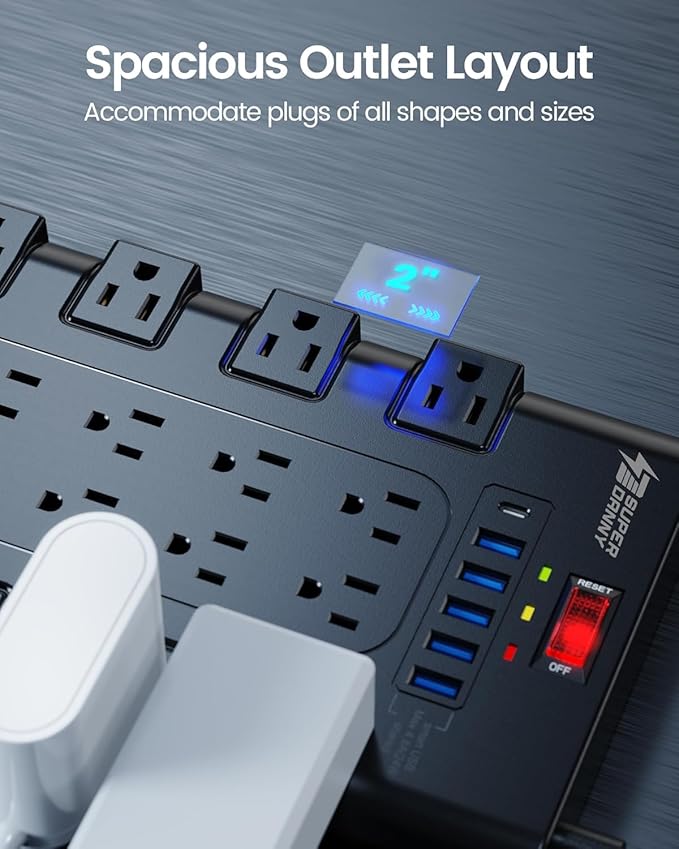 Power Strip Surge Protector, SUPERDANNY 8Ft Long Extension Cord with 6 USB Charging Ports and 22 AC Outlets, 1875W/15A, 2100 Joules, Flat Plug Power Outlet for Home, Office, Dorm, Gaming Room, Black