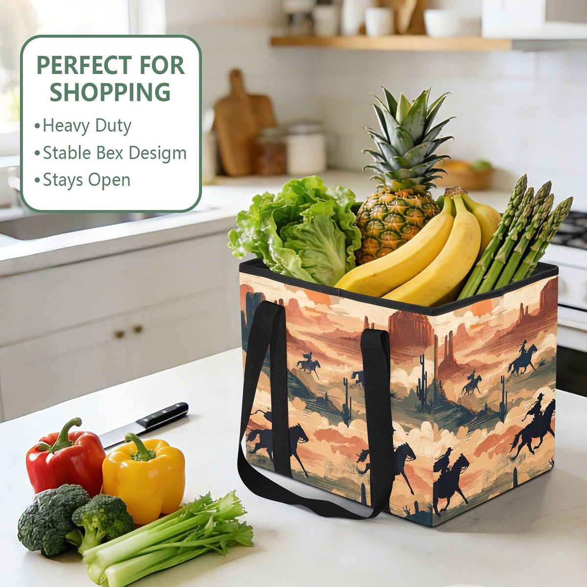 Trunk Organizer Collapsible Car Organizer with Handle Car Storage Box Bin for Groceries SUV Utility Tote Bag Portable Vehicle Container Beige Cowboy Gallop Western