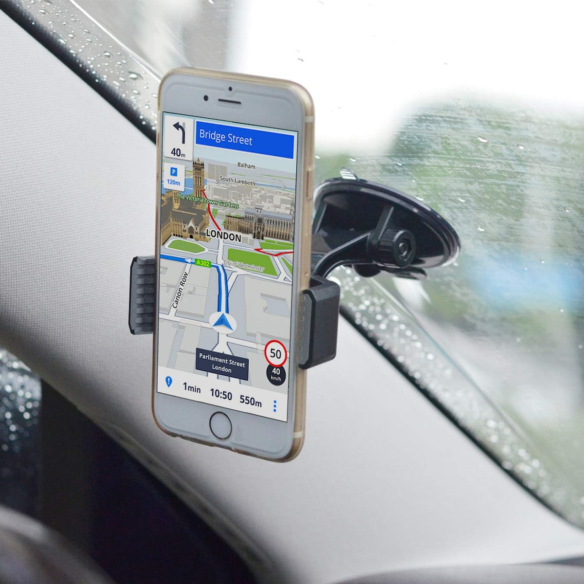 APPS2Car Suction Cup Phone Holder for Car with Adjustable Arm, Low Profile Dashboard Phone Mount Compact Windshield Window Dash Mobile Stand Compatible w/All iPhone and Android Cell Phones
