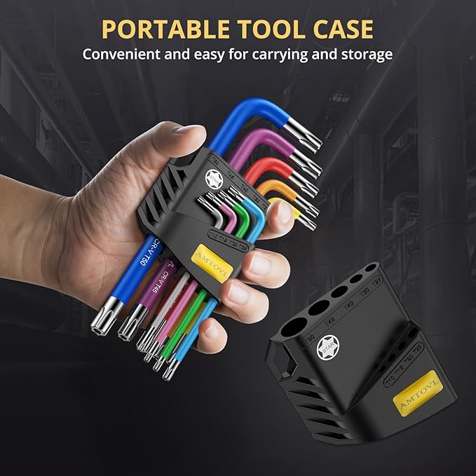 AMTOVL Star Allen Wrench Set, 9PCS Star Key Set, T10-T50, Long Arm Star Key Set, Color Coding TX Key Set for Vehicle, and Bicycle Repairs