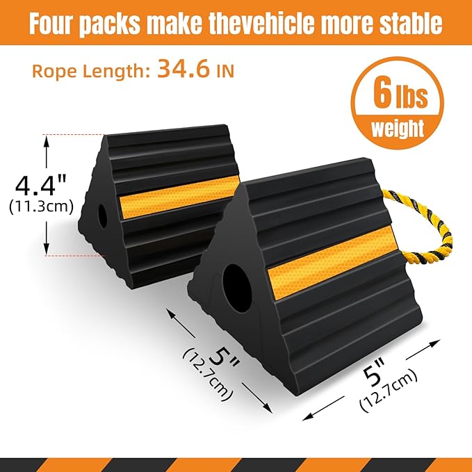 HOXWELL Rubber Wheel Chocks for RV Trailer Camper Truck Car Aircraft Boat, Versatile Rubber Chocks Block Stopper for Tire with Reflective Strips, Utility Trailer Camper RV Accessories