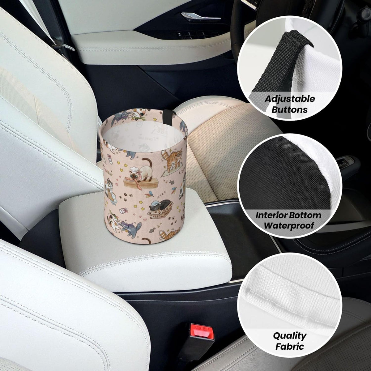 Cute Cats Car Trash can,car Garbage can, car Trash bin, Waterproof and Durable,Collapsible,Cylindrical, with Velcro Fastening Strap, Suitable for All car Models.